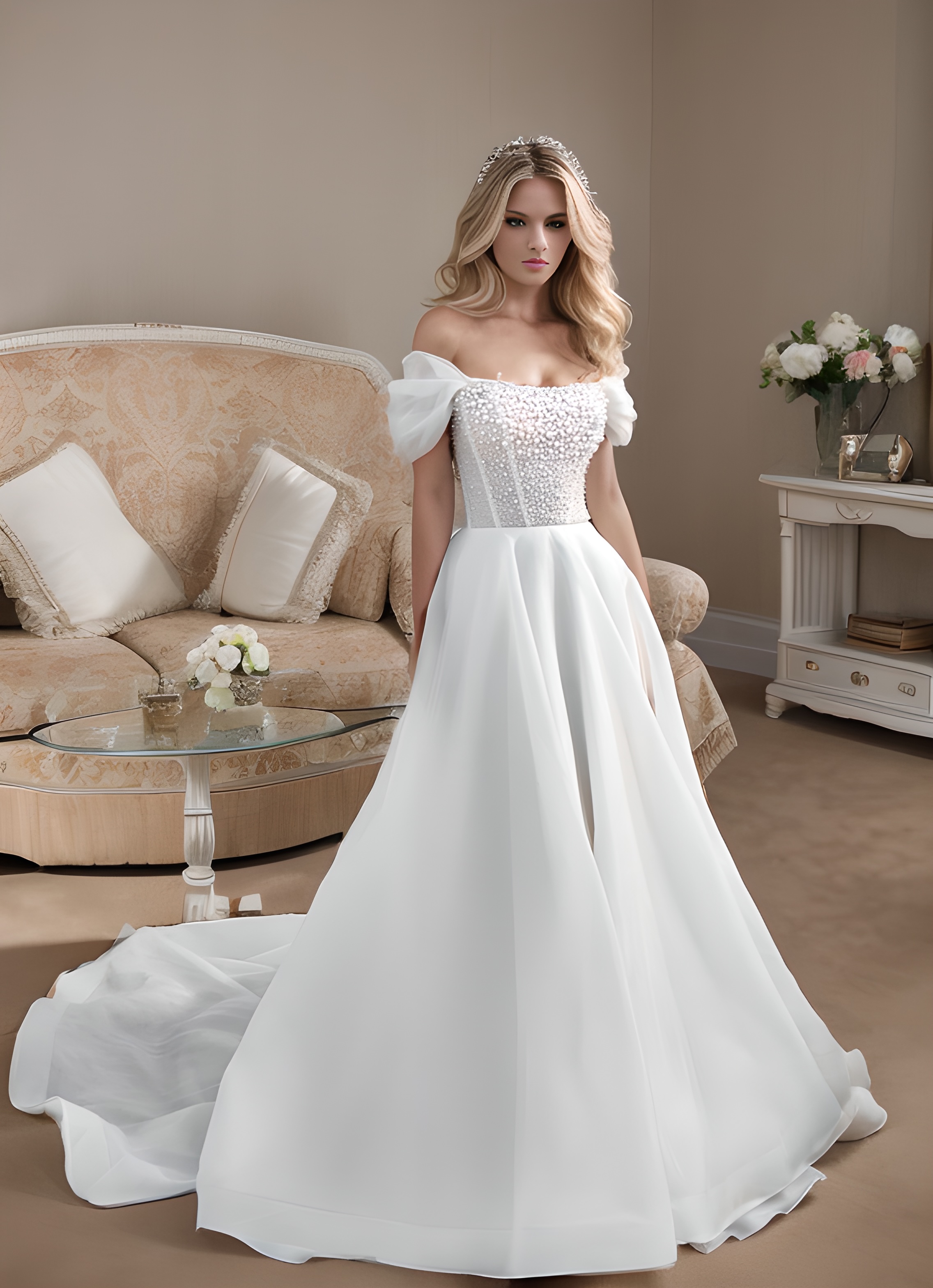 High-end Long Sleeve A Line Bateau Tulle Wedding Dress with Beading