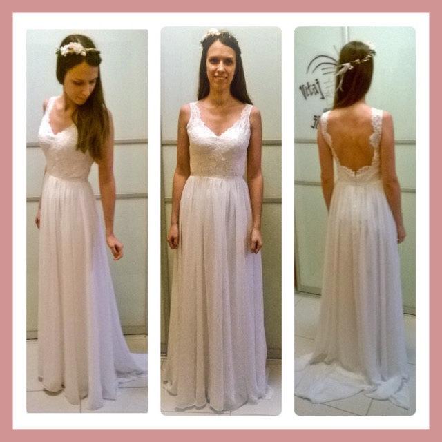 V-Neck Sleeveless Long Chiffon Wedding Dress With Sash And Deep-V Back