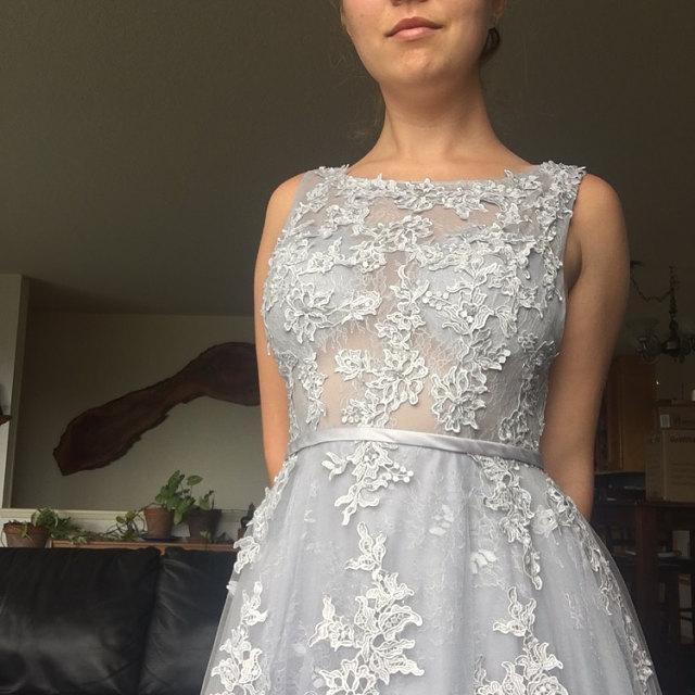 Gray Blue Lace Wedding Dress