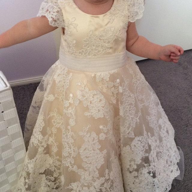 Sleeveless Jewel Ivory Lace Champagne Tulle Flower Girl Dress