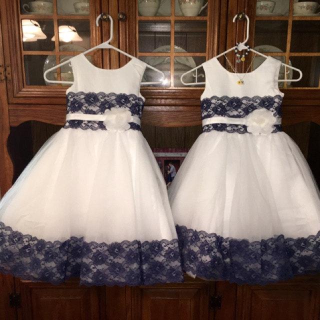 Navy Blue Lace Ivory Tulle Junior Bridesmaid Wedding Party Dress
